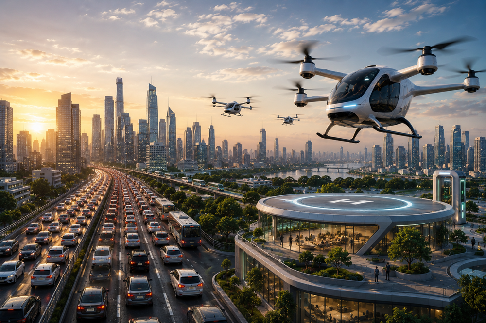 Electric vertical take-off and landing aircraft flying above urban traffic and a city vertiport